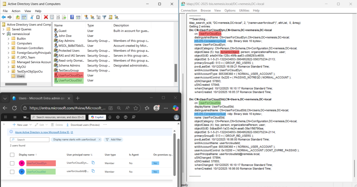 Hybrid identity view showing the synchronization of a dynamicObject (UserForCloudDyn) and a standard user (UserForCloudStd) to Entra ID for comparison